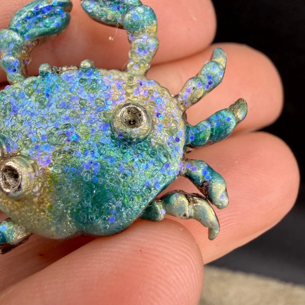 Vintage Yosca Crab Hair Clip Blue Enamel Rhinestone Animal Silver Tone